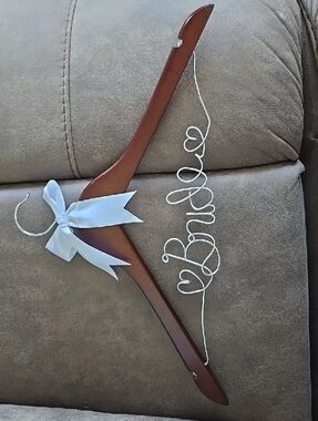 Bridal Wooden Hanger with 'Bride' Wire and White Bow